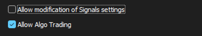 Close-up: Allow Algo Trading ticked