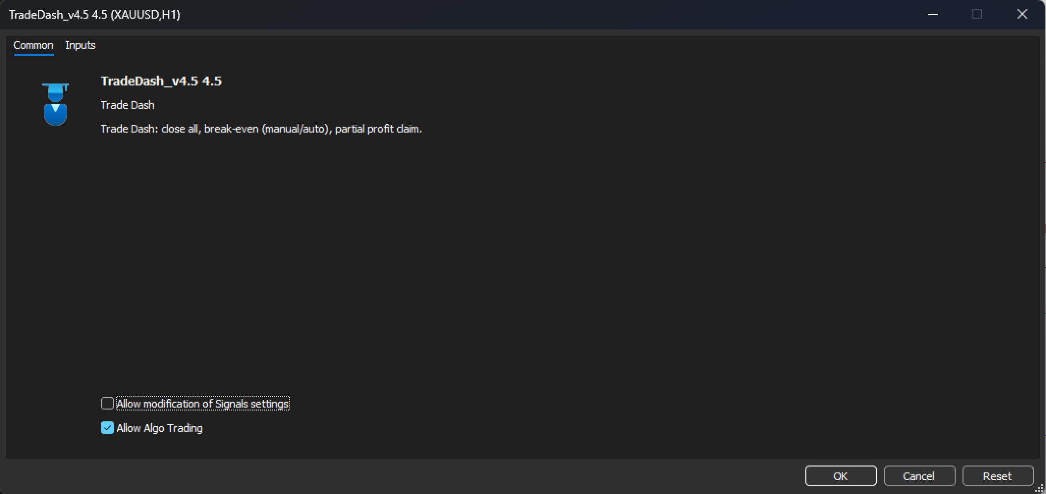EA settings window, Common tab, Allow Algo Trading ticked