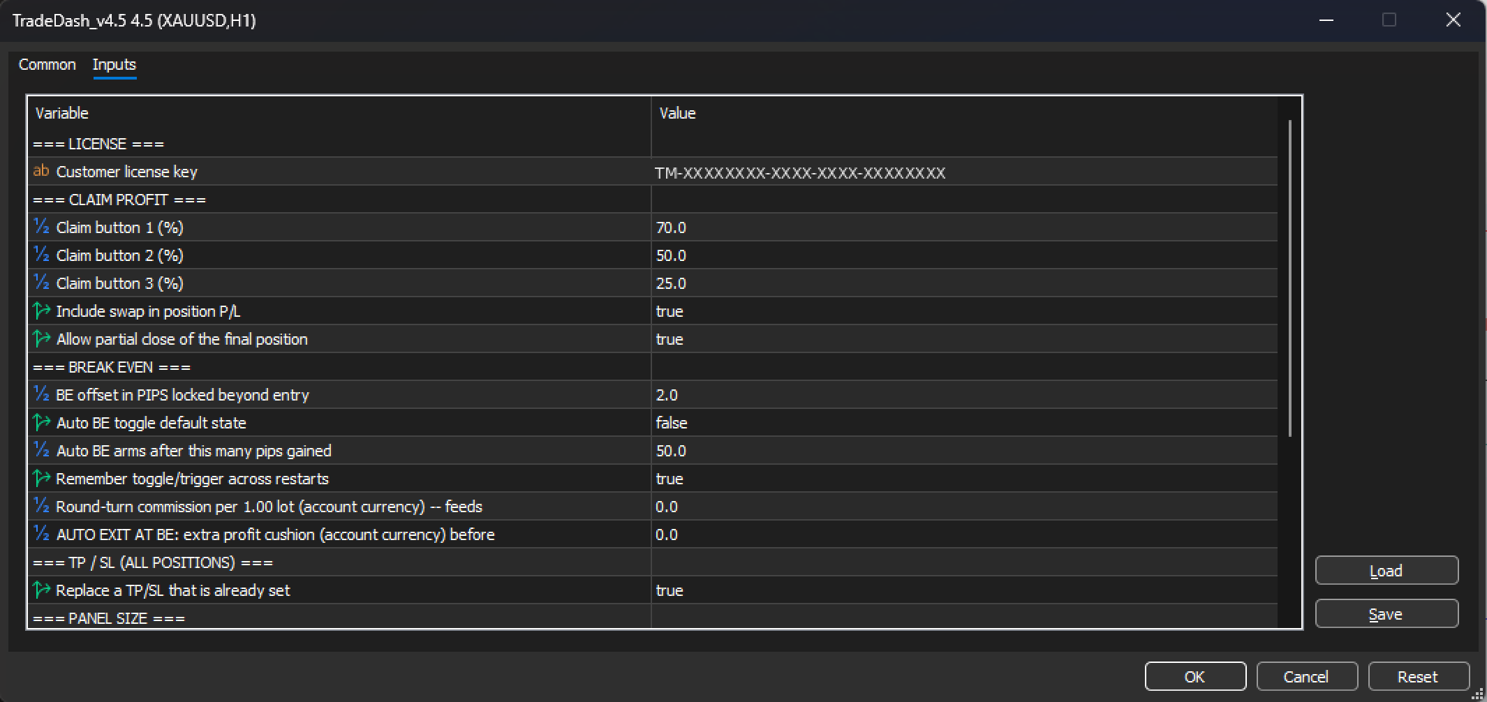 EA settings window, Inputs tab, licence key filled in, Load button on the right