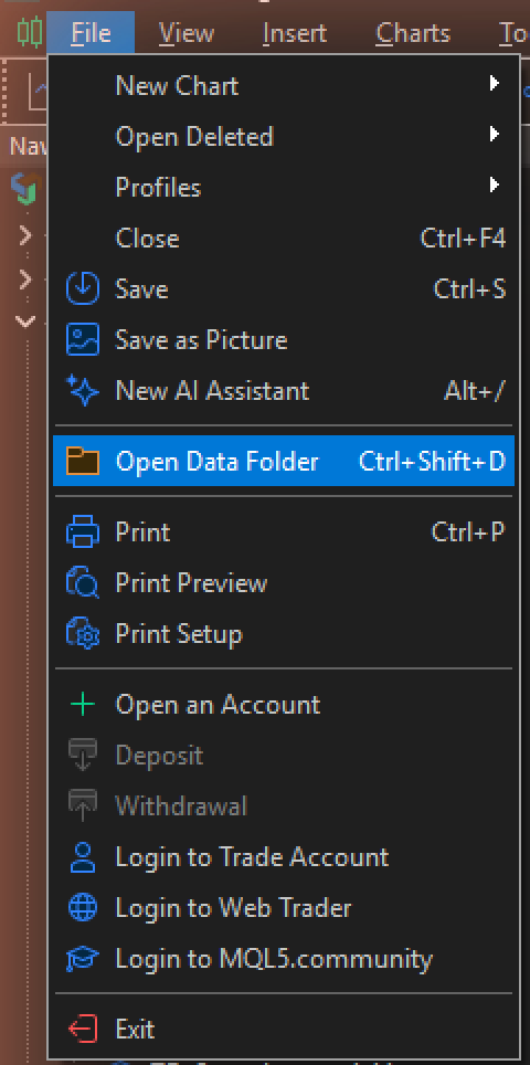 MT5 File menu with Open Data Folder highlighted