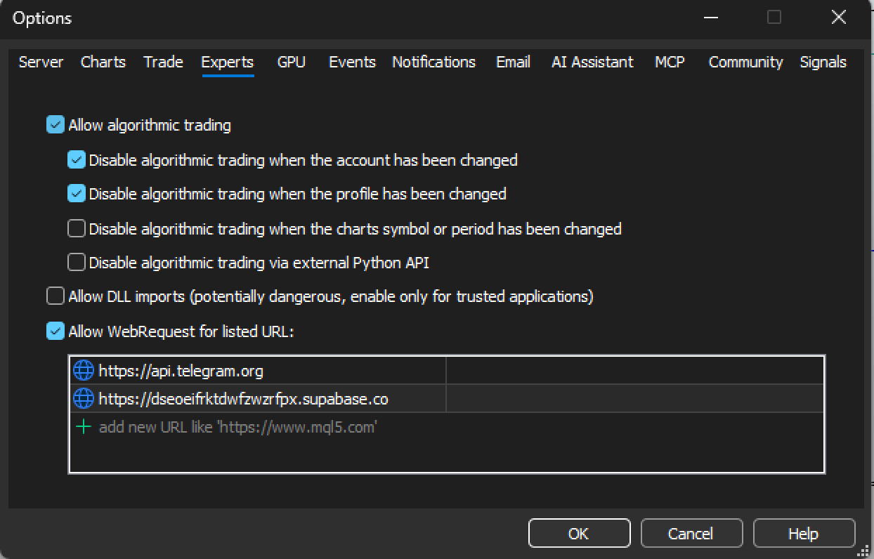 MT5 Options window, Experts tab, with Allow WebRequest ticked and both addresses listed